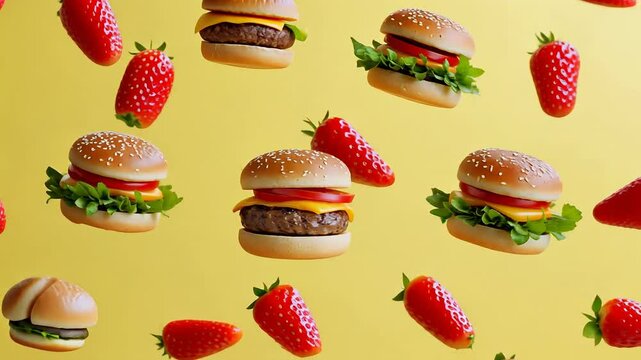Floating burgers strawberries on vibrant yellow background