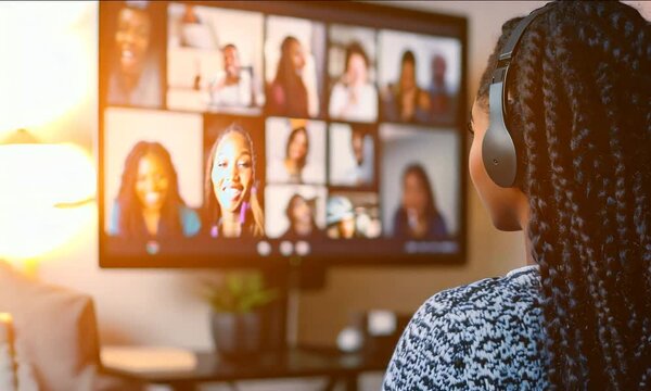 Woman engaging in a lively video call with friends, all sharing smiles and enjoying their time together in a virtual setting. Laughter and connection fill the screen as they interact