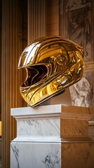 Helmet poster art. Golden Biker Helmet Resting on a Marble Pillar in a Museum.