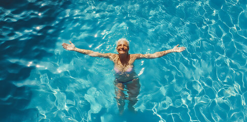 Elderly woman swimming and relaxing in swimming pool