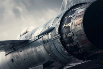 The powerful jet engine gleams with metallic textures and intricate details, revealing the engineering behind military aviation. Dark clouds loom overhead, adding drama to the setting
