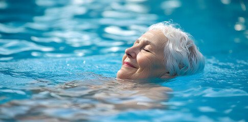 Elderly woman swimming and relaxing in swimming pool
