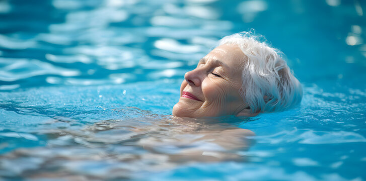 Elderly woman swimming and relaxing in swimming pool - Powered by Adobe