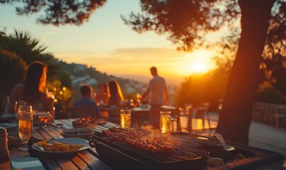Summer Barbecue Party with Grilled Skewers and Friends Enjoying Outdoor Gathering in Warm Sunset Light, Generative AI