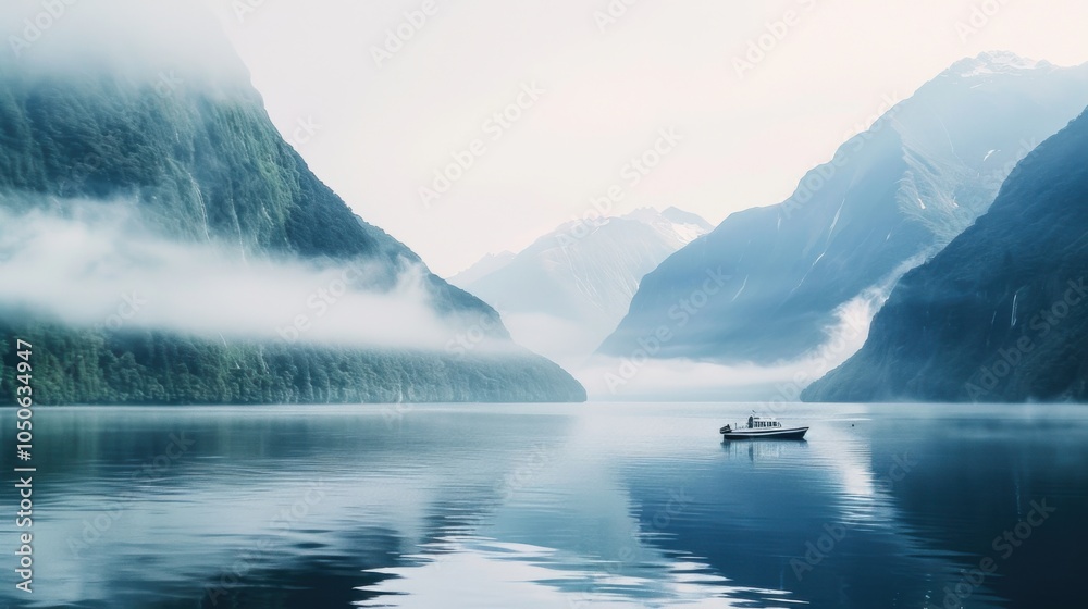 Aufkleber a tranquil view of the fjords in new zealand with a small boat and misty mountains, serene setting w