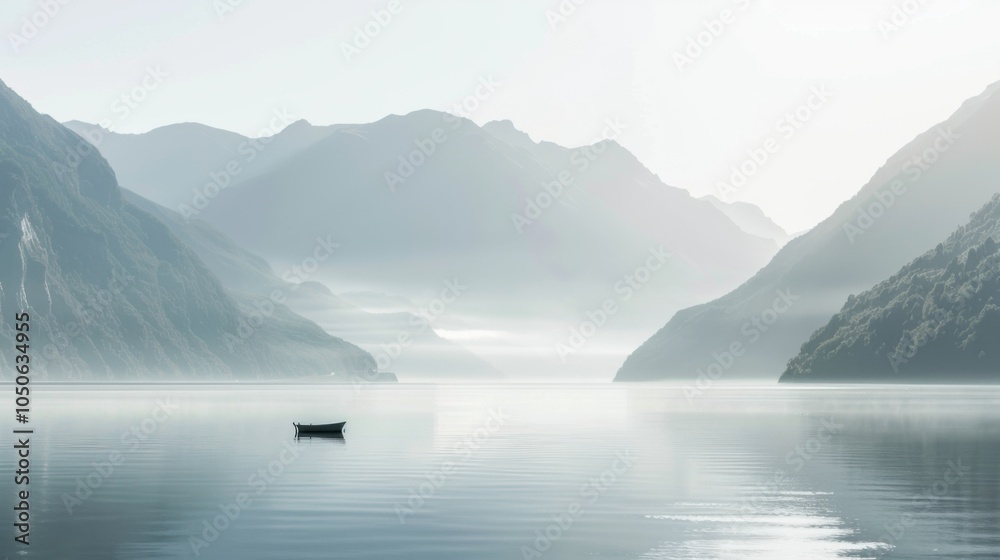 Aufkleber a tranquil view of the fjords in new zealand with a small boat and misty mountains, serene setting w