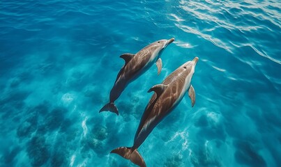 Fototapeta premium Playful Dolphins Swimming in Crystal Clear Blue Ocean Water — Graceful Marine Life in Natural Habitat, Joyful Interaction and Fluid Movements of Bottlenose, Generative AI