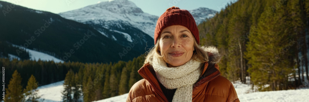 Wall mural portrait of a mature female in winter outdoor , happy woman in scenic mountain and forest landscape