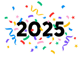 2025 number with colorful serpentine ribbons and stars