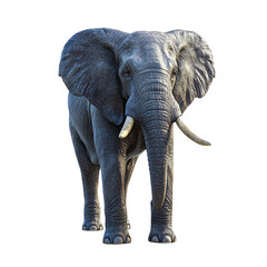 Fototapeta premium A large African elephant stands facing the camera with its trunk slightly raised, its large ears flapping in the wind isolated on transparant background. Generative ai