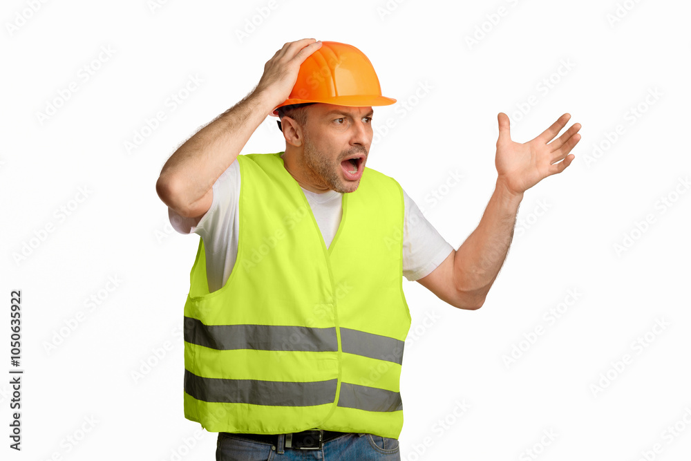 Poster angry construction foreman worker shouting touching hardhat standing on white background. studio sho