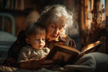 Grandmother reading a bedtime story to her little grandson along with a teddy bear