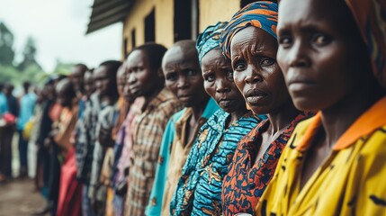 Naklejka premium Women standing in a row outside, emphasis on anticipation and social unity, concept of rural life, traditional community gathering, outdoor scene.