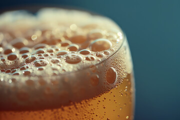 A refreshing glass of beer sits on a table, showcasing a rich golden hue and an abundance of bubbles. The setting is warm and inviting, perfect for relaxation