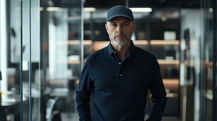 Fototapeta premium A middle-aged man poses in a contemporary office with glass walls, showcasing a modern cap