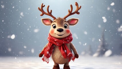 Adorable cartoon reindeer in a red scarf standing on a snow