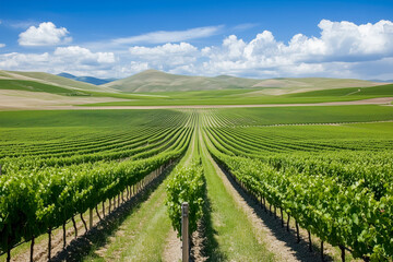 Fototapeta premium A tranquil vineyard with rows of grapevines stretching into the distance.