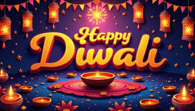 Diwali Greeting with Diyas, Lanterns, and Fireworks on Starry Background

