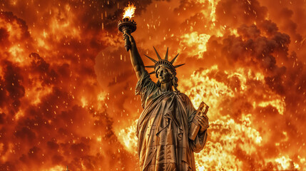 Fototapeta premium Statue of Liberty against apocalyptic burning sky, flames and embers swirling dramatically behind the iconic monument, representing crisis, upheaval, and societal transformation