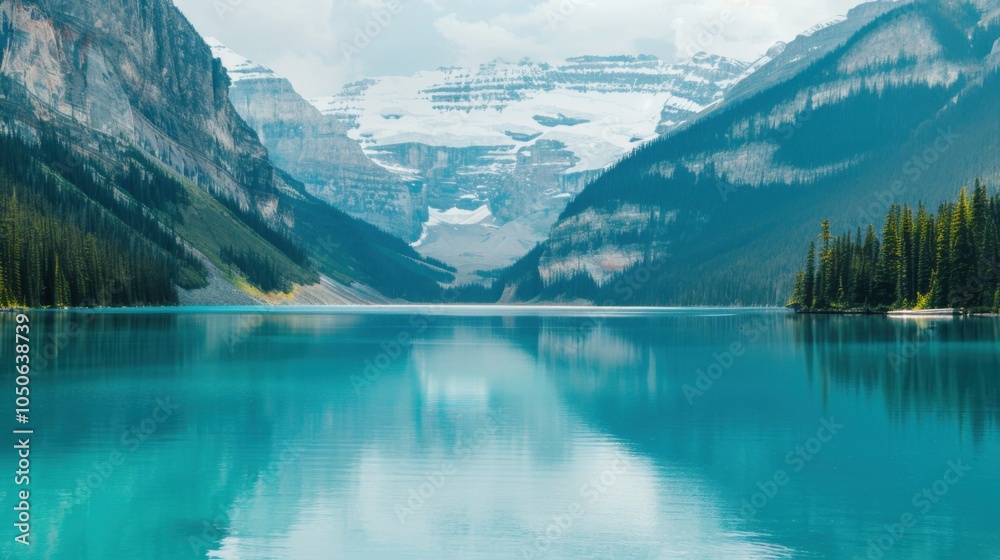 Poster a tranquil view of the lake louise in canada with its turquoise waters reflecting the surrounding sn