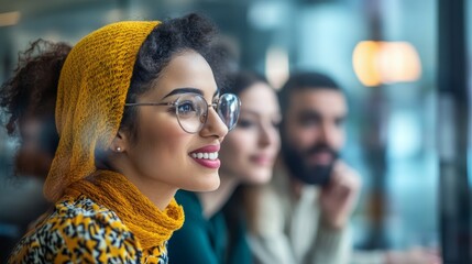 A diverse group of young adults smiling and talking during a meeting, focus on teamwork and communication, modern office setting, indoor