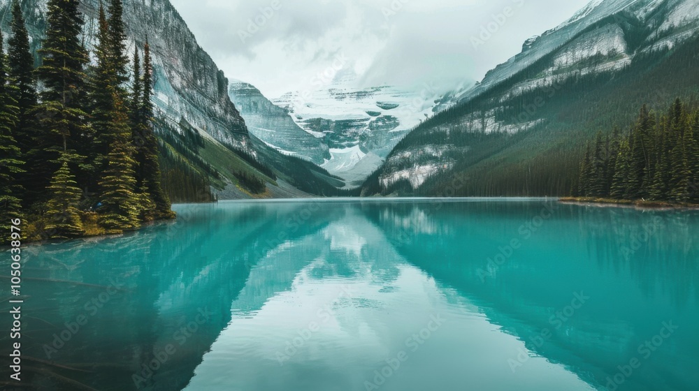 Poster a tranquil view of the lake louise in canada with its turquoise waters reflecting the surrounding sn