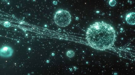 Obraz premium A 3D representation of a blockchain network, with coins floating between secure digital nodes, glowing in vibrant shades of blue and green.