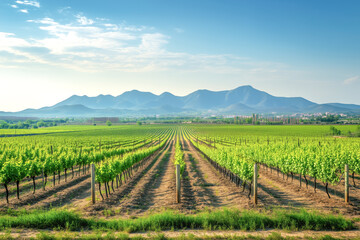 Fototapeta premium A tranquil vineyard with rows of grapevines stretching into the distance.