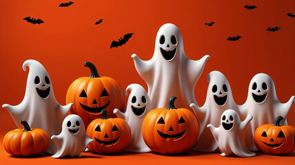 Obraz premium A group of pumpkins with ghost faces and faces on them.