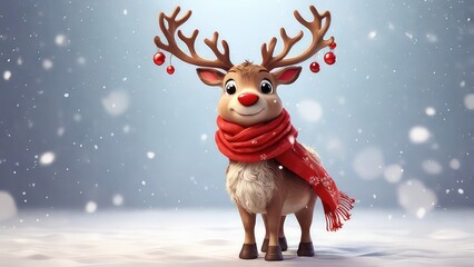 Adorable cartoon reindeer in a red scarf standing on a snow