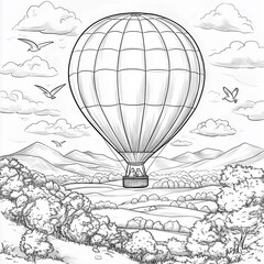A hot air balloon floating over a countryside landscape, with birds flying alongside and mountains in the distance generative ai (painting book)