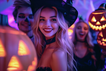Fototapeta premium A Festive Halloween Celebration with Joyful Young Adults in Costume, Smiling with Pumpkins and Colorful Lights