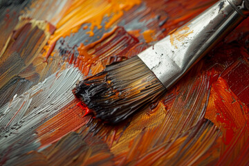 Fototapeta premium A paintbrush covered in various colors lies on a colorful canvas filled with bold strokes of orange, gray, and red during an artistic creation process