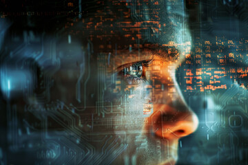 Obraz premium The individual gazes intently while illuminated by glowing digital elements and circuitry, embodying the fusion of human insight and advanced technology in a modern environment