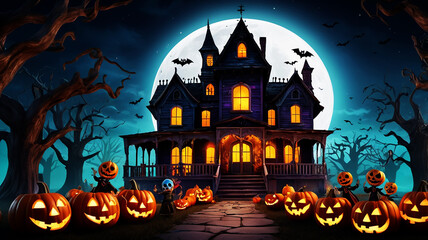 A cartoon illustration of a house with pumpkins on it