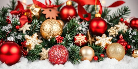A festive Christmas composition featuring a variety of ornaments, greenery, and twinkling lights, decorations, holiday