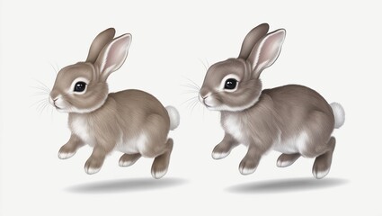 Obraz premium Two Adorable Baby Bunnies Hopping on White background