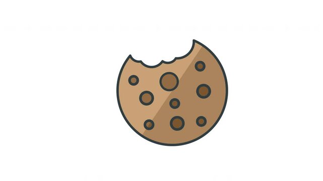 Animated brown cookie with a bite taken out and chocolate chips, perfect for bakery and dessert concepts, food blogs, and cooking recipe backgrounds