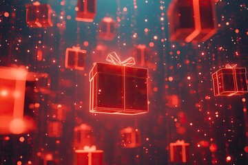 3D gift boxes in red neon lights glowing in the air on light red background, red neon, hovering.generative ai