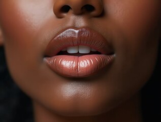 Naklejka premium Close up of beautiful lips. Perfect black skin and plump lips with natural makeup. Part of face. Highlighter, shimmer, bronzer. Make up concept. Beautiful African-American woman.