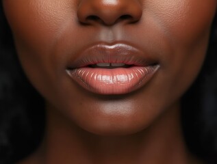 Naklejka premium Close up of beautiful lips. Perfect black skin and plump lips with natural makeup. Part of face. Highlighter, shimmer, bronzer. Make up concept. Beautiful African-American woman.