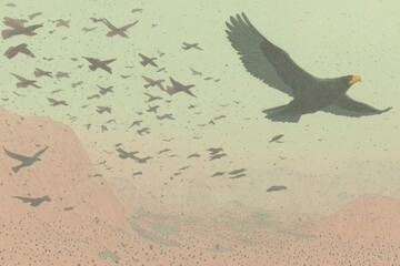 Majestic Eagle Leading a Flock Over Soft-Toned Mountain Ranges in Surreal Art
