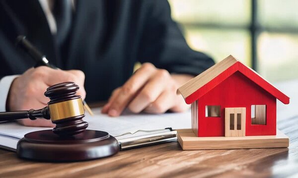 Judge signing a document while a house model and gavel sit on a desk in a legal office environment