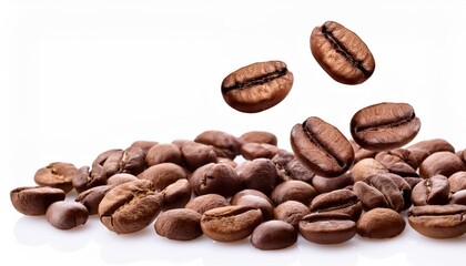 Falling Coffee Beans &ndash; Close-Up on White Background