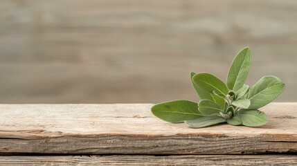Obraz premium Fresh sage leaves on a rustic wooden board, copy space, Spice photography