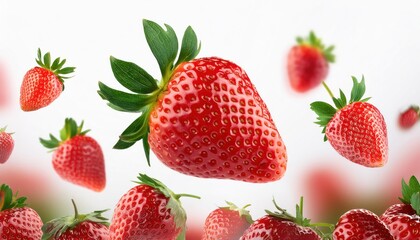 Fresh Strawberries in Mid-Air – Close-Up on White Background