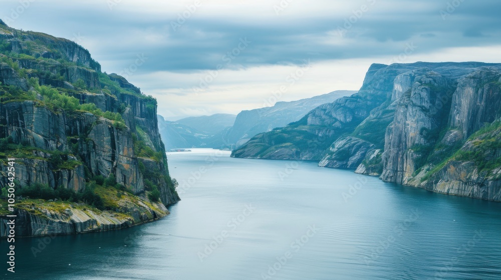 Poster A tranquil view of the Scandinavian fjords with serene waters and rugged cliffs, fjord setting with calming simplicity, Calm style