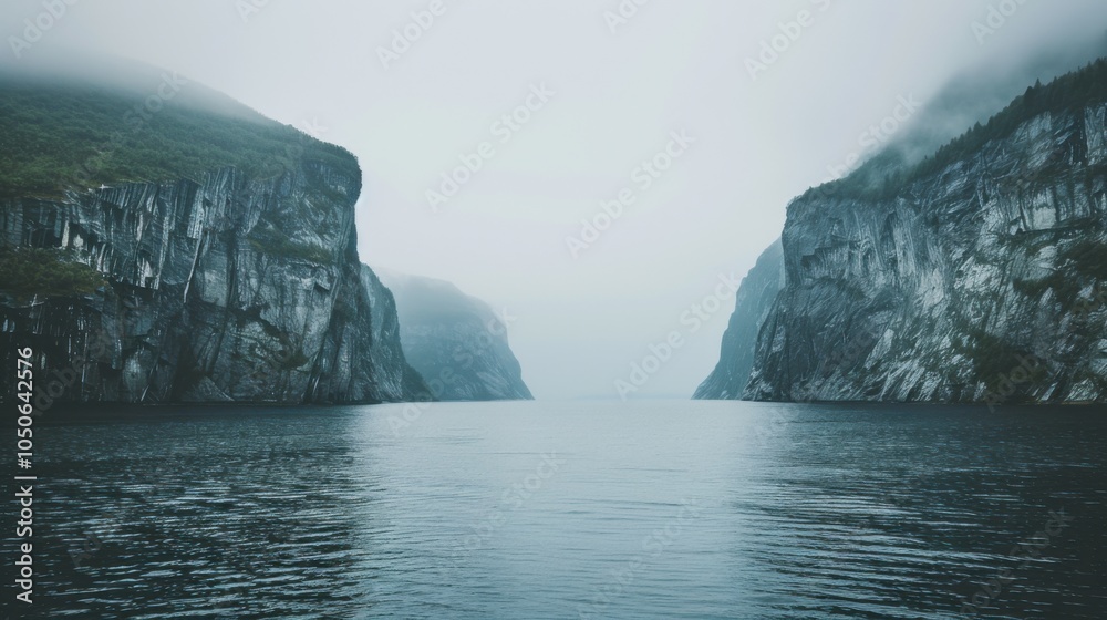 Aufkleber A tranquil view of the Scandinavian fjords with serene waters and rugged cliffs, fjord setting with calming simplicity, Calm style