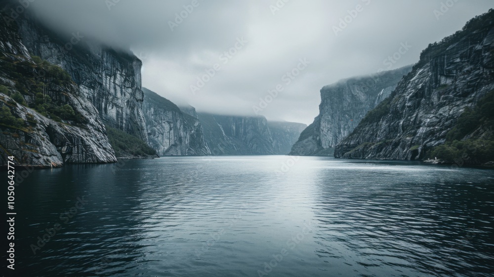 Aufkleber A tranquil view of the Scandinavian fjords with serene waters and rugged cliffs, fjord setting with calming simplicity, Calm style