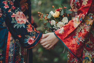 Naklejka premium A couple dressed in ornate traditional attire is holding hands, surrounded by lush greenery. They are likely celebrating their love amidst blooming flowers, capturing a moment of intimacy